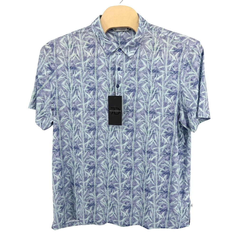 NEW 7 Diamonds Ceres Polo Mens XXL Short Sleeve Blue Bamboo Leaf Print Stretch